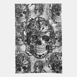 Grunge sugar skull pattern tea towel