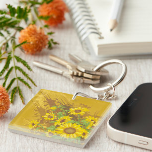 Grunge Sunflower Art Bold Rustic Yellow Floral Key Ring