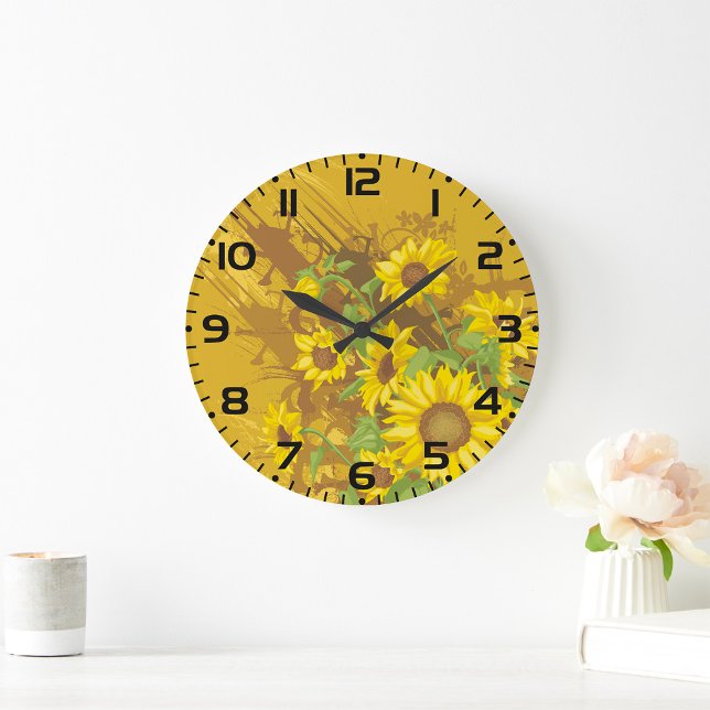Grunge Sunflower Art Bold Rustic Yellow Floral Large Clock (Creator Uploaded)