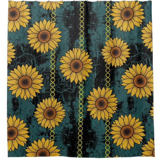 Grunge Sunflower & Chain Stripe Shower Curtain (Front)