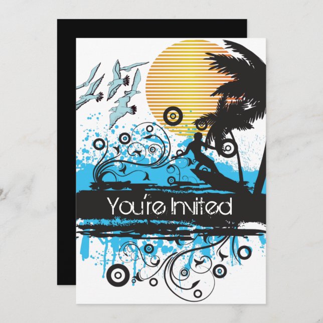 Grunge Surfing Tropical Beach Birthday Party Invitation (Front/Back)