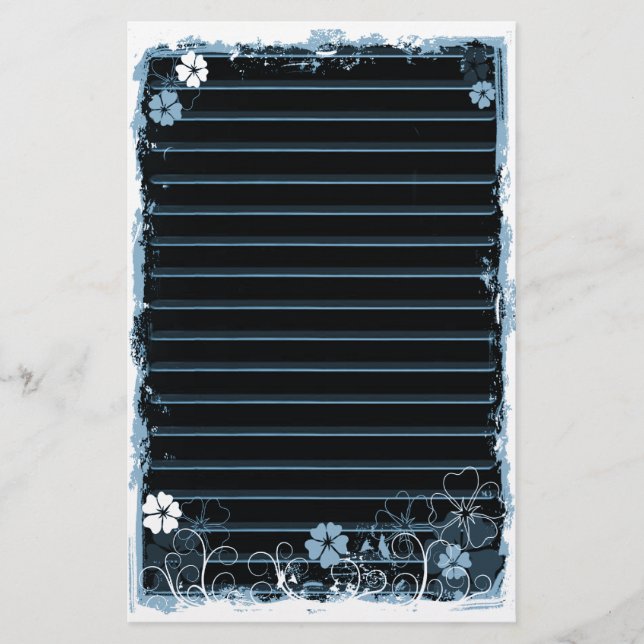 Grunge Swirl Flowers Lined Stationery Black Blue (Front)
