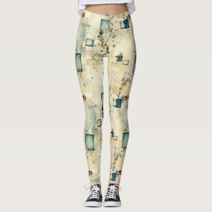 Grunge Teal Botanical Frame Parchment Scrapbook Leggings