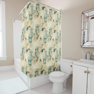 Grunge Teal Botanical Frame Parchment Scrapbook Shower Curtain