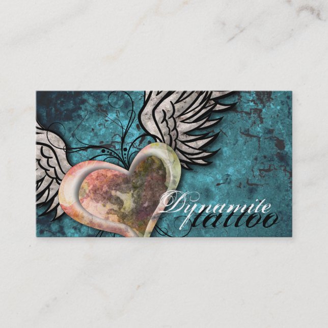 Grunge Texture Heart Wings Tattoo Business Card (Front)