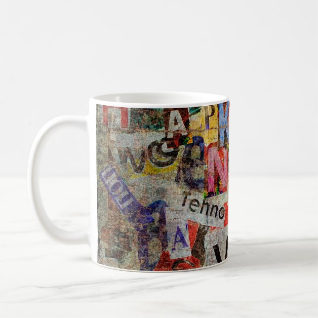 Grunge textured background design with old torn ne coffee mug (Left)