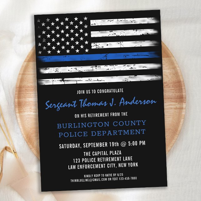 Grunge Thin Blue Line Police Officer Retirement Invitation (Creator Uploaded)