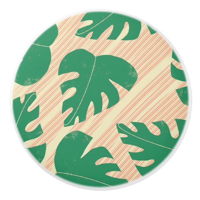 Grunge Tropical Green Monstera Leaves Ceramic Knob (Front)