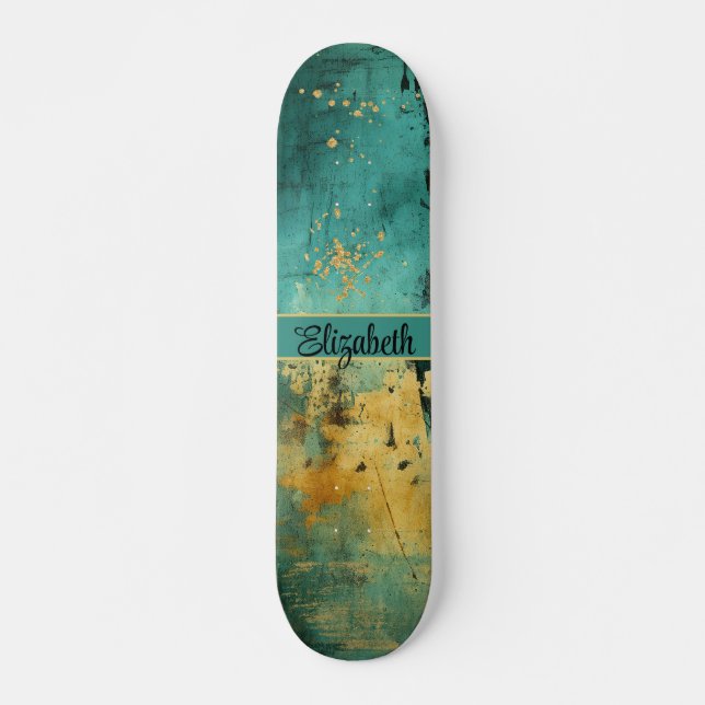 Grunge Turquoise and Faux Gold Glitter Sparkle Skateboard (Front)