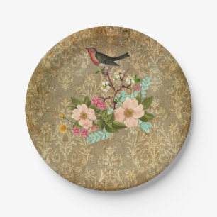 grunge vintage damask floral bird victorian brown paper plate