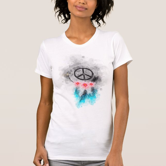 *~* Grunge Watercolor Peace Sign Feathers Flowers T-Shirt (Front)