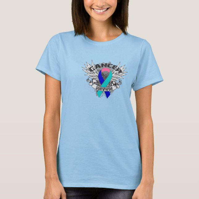 Grunge Winged Ribbon Thyroid Cancer Survivor T-Shirt (Front)