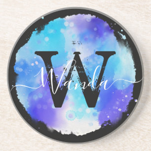 Grungey Blue Watercolor Monogram Calligraphy Coaster