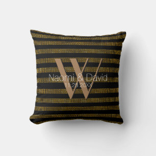 Grungish Gold Glitter and black stripes Monogram Cushion