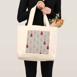 Grungy Acoustic Guitar Polkadot white red Large Tote Bag