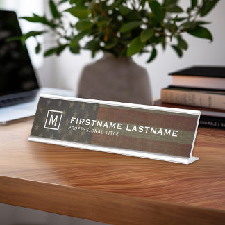 Grungy American Flag with Linen Finish and Name Desk Name Plate