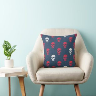 Grungy Anatomical Skull Polkadots red blue white Cushion