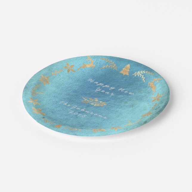 Grungy Aquatic Ocean Gold Grey Christmas Paper Plate (Angled)