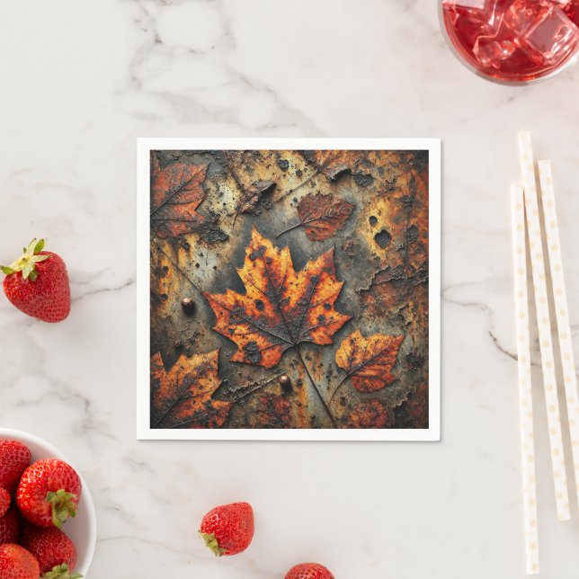 Grungy Autumnal Leaves on Rusty Metal Decoupage Napkin (Insitu)