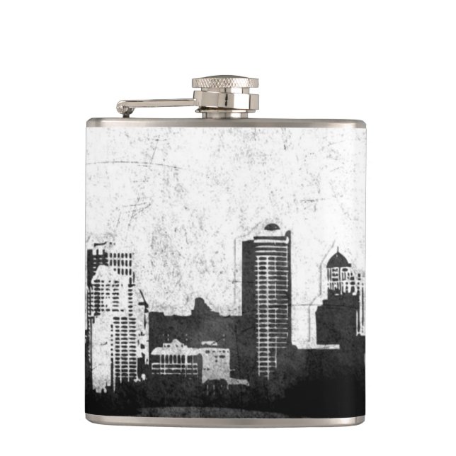 Grungy city background in black and white hip flask (Front)