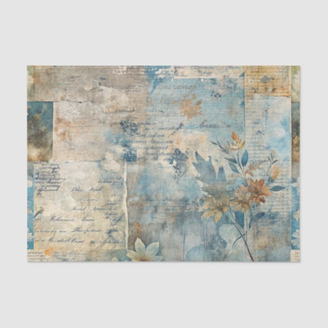 Grungy Distressed Blue Floral Ephemera Collage Tissue Paper (Front)