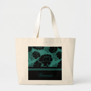 Grungy Floral Decadence Bag, Teal Large Tote Bag