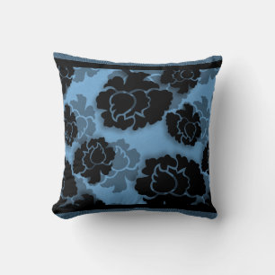 Grungy Floral Decadence Pillow, Blue Cushion