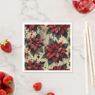 Grungy Floral Poinsettia Newsprint Decoupage Paper Napkin