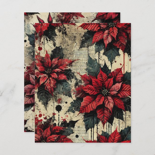 Grungy Floral Poinsettia Newsprint Scrapbook Paper (Front/Back)