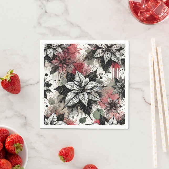 Grungy Floral Poinsettia Sketches Decoupage Paper Napkin (Insitu)