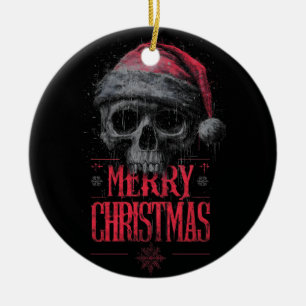 Grungy Gothic Skull Wearing a Distressed Santa Hat Ceramic Tree Decoration