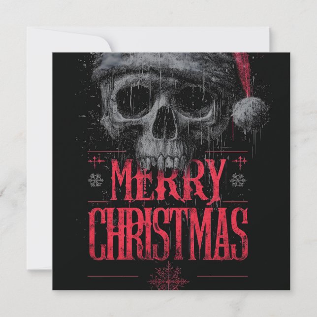 Grungy Gothic Skull Wearing a Distressed Santa Hat Holiday Card (Front)