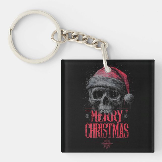 Grungy Gothic Skull Wearing a Distressed Santa Hat Key Ring (Front)