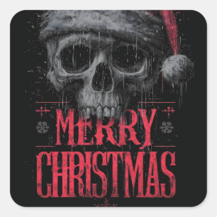 Grungy Gothic Skull Wearing a Distressed Santa Hat Square Sticker