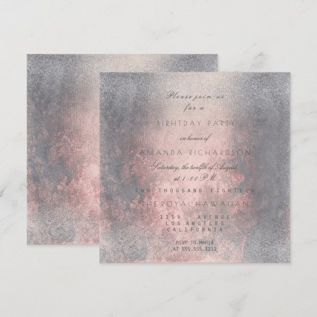 Grungy Grey Pink Rose Gold BrushVip Birthday Party Invitation (Front/Back)