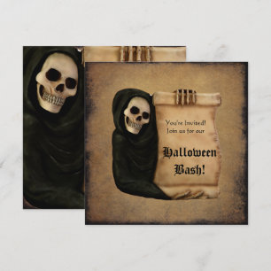 Grungy Scroll & Caped Skull Halloween Party Invitation