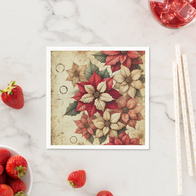 Grungy Tattered Poinsettia Floral Decoupage Paper Napkin (Insitu)