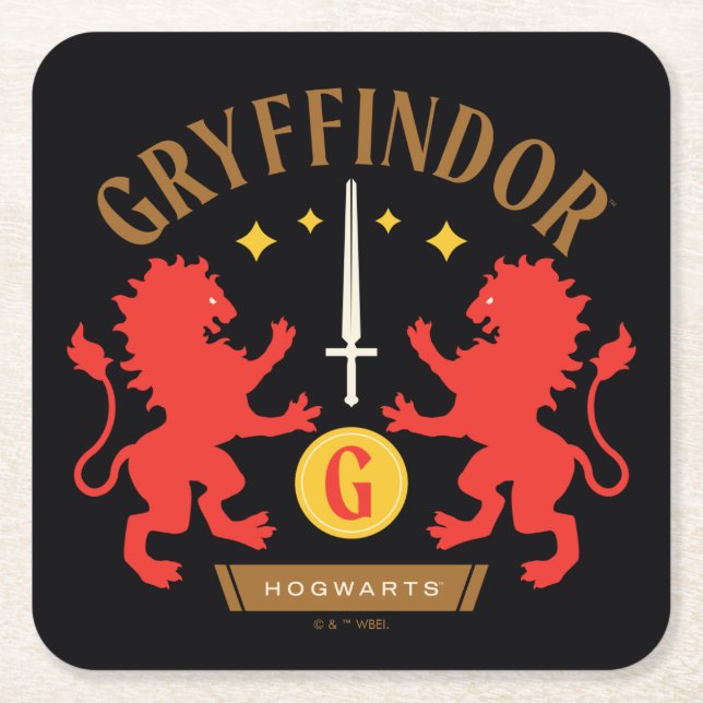 GRYFFINDOR™ House Double Lion Sword Graphic Square Paper Coaster (Front)