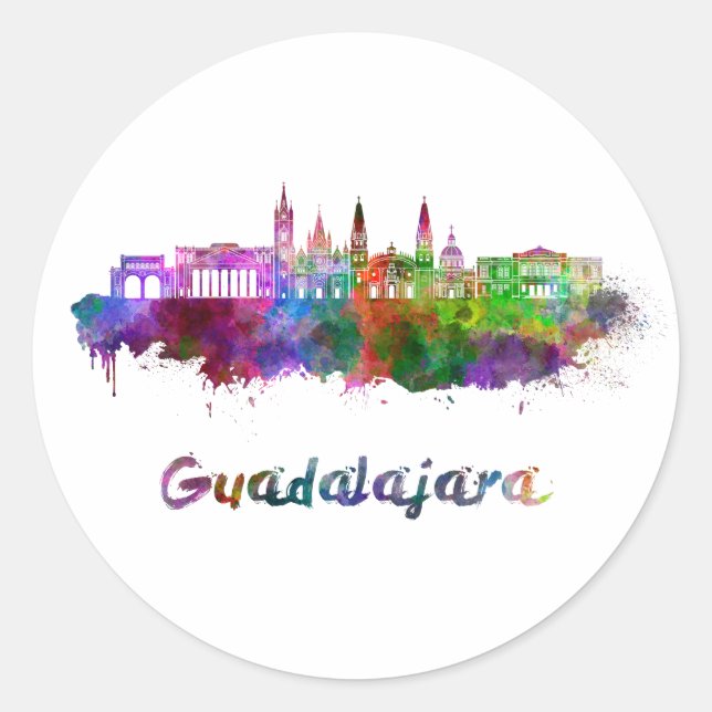 Guadalajara skyline in watercolor classic round sticker (Front)