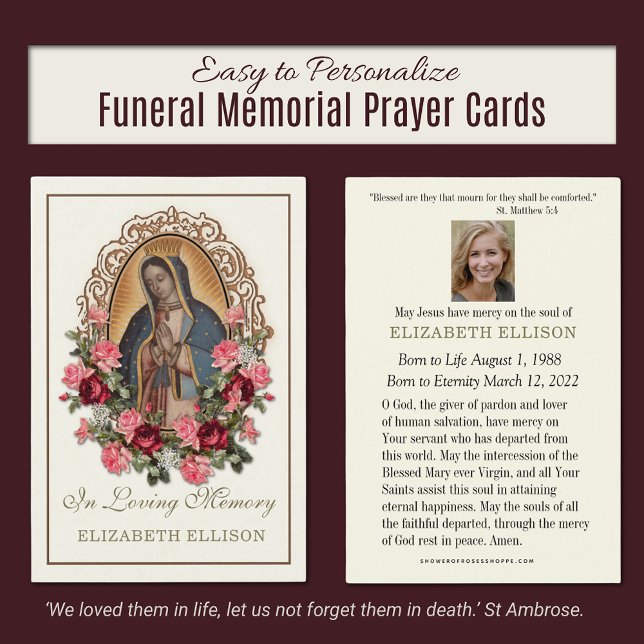 Guadalupe Catholic Floral  Funeral Prayer Card (Our Lady of Guadalupe Traditional Catholic Funeral Memorial Prayer Cards)