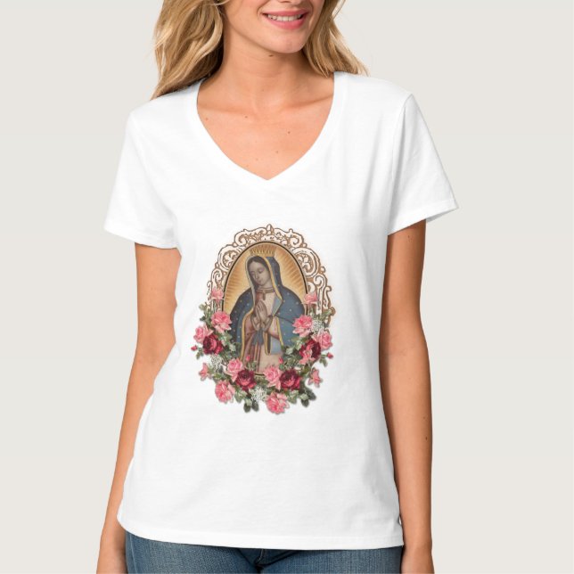 Guadalupe Spanish Catholic Roses Virgin Mary T-Shirt (Front)