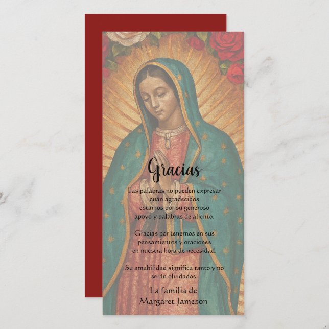 Guadalupe Virgin Mary Funeral Condolence Spanish Thank You Card (Front/Back)