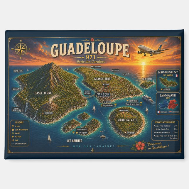 Guadeloupe 971 Vintage Travel Map Magnet (Front)