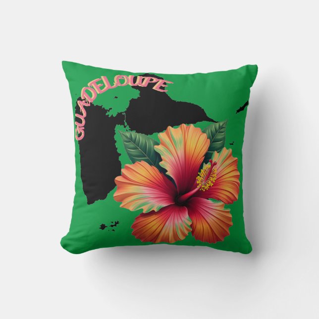 Guadeloupe Map & Hibiscus Pillow | Cushion (Front)