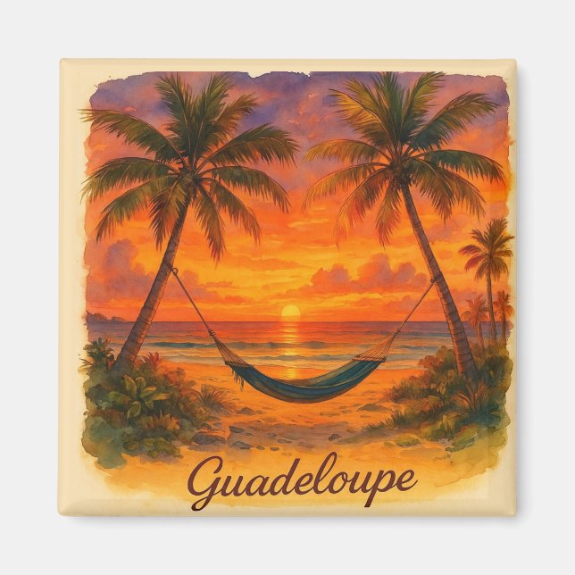 Guadeloupe – Tropical Sunset with Hammock Magnet (Front)