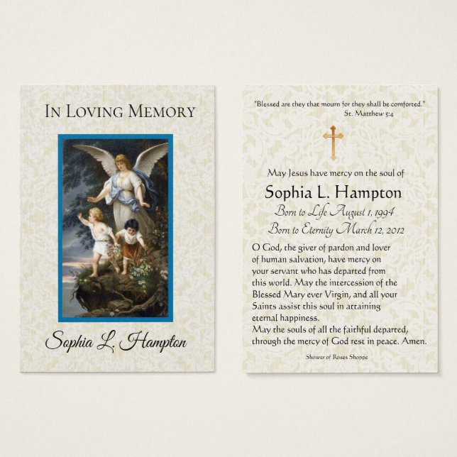 Guardian Angel Catholic Funeral Memorial Holy Card (Front & Back)