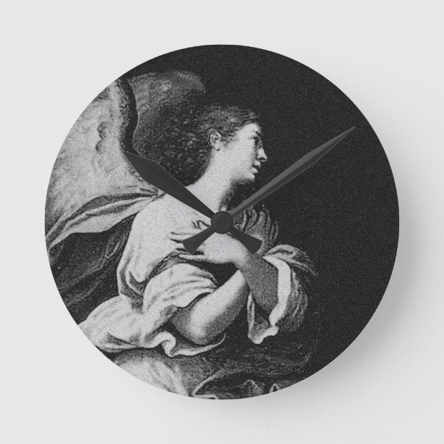 Guardian Angel in Black and White Round Clock (Front)