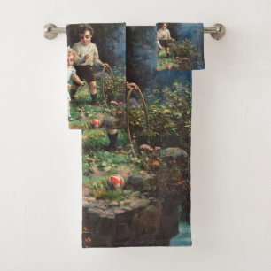 Guardian angel protecting children near a ledge bath towel set