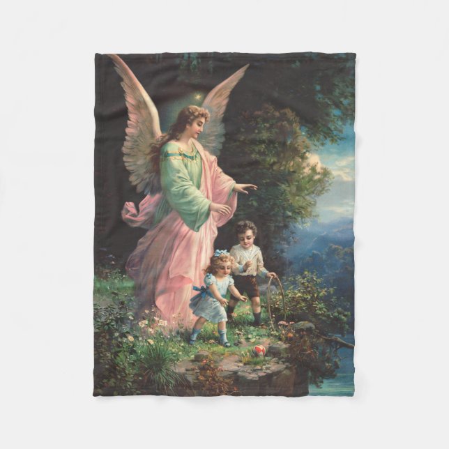 Guardian angel protecting children near a ledge fleece blanket (Front)