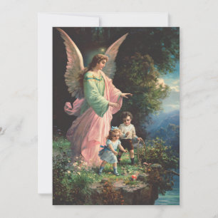 Guardian angel protecting children near a ledge holiday card